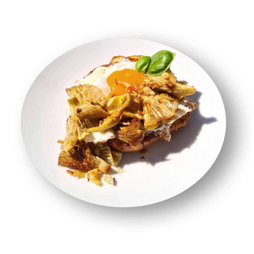 Brötchen mit sautierten Limonenseitlingen und Spiegelei