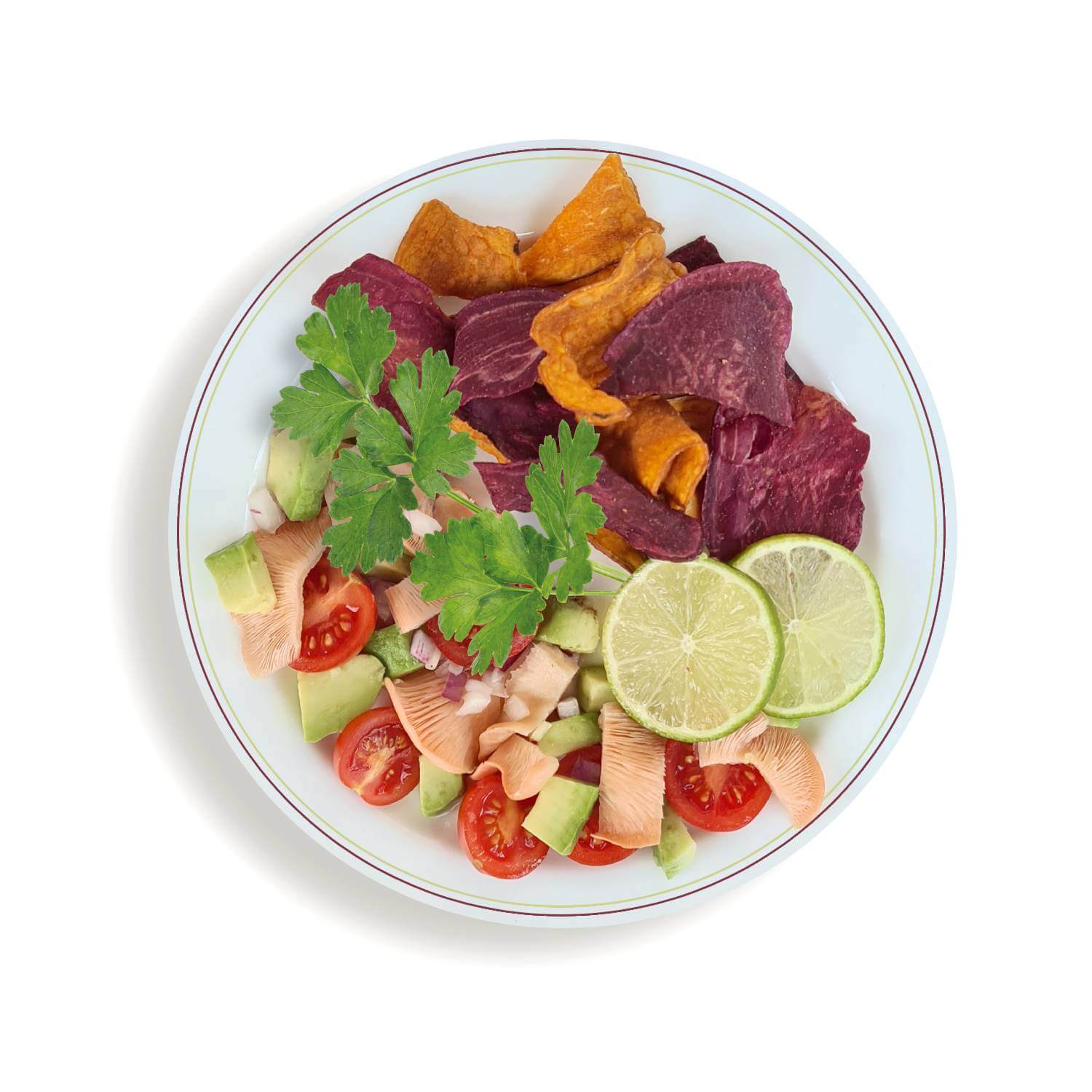 Frische Ceviche aus Rosenseitlingen, dekoriert mit Limettenscheiben auf weissem Teller