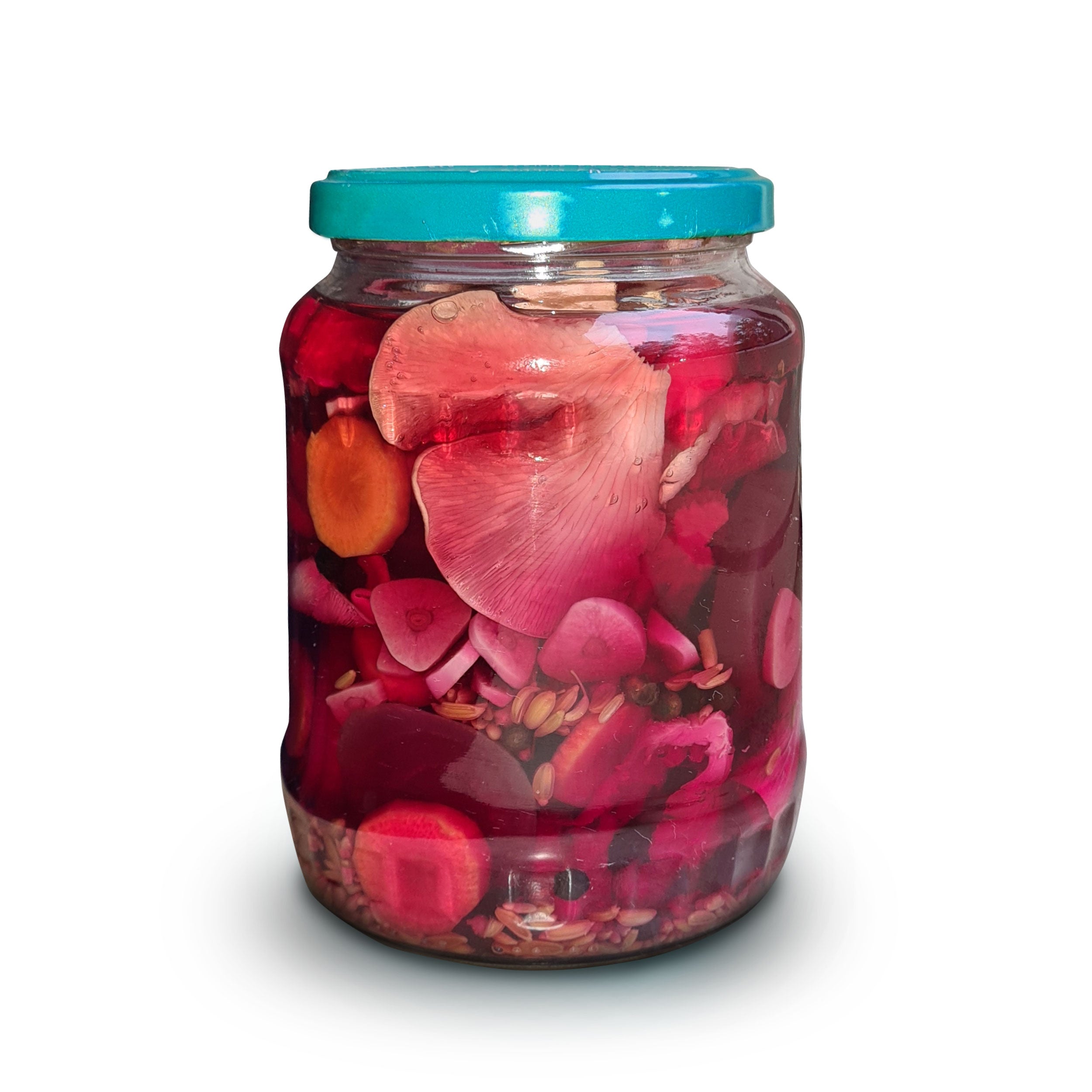 Grosses Glas mit eingelegten Rosenseitlingen